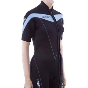 NWT Henderson Thermoprene 3mm Womens Front Zip Wetsuit 12P Black/Sky Blue w/logo